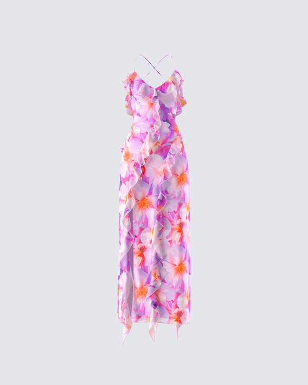 finesse Kenya Pink Floral Ruffle Maxi Dress