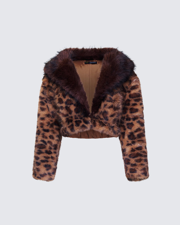 finesse Kenza Brown Faux Leopard Fur Jacket