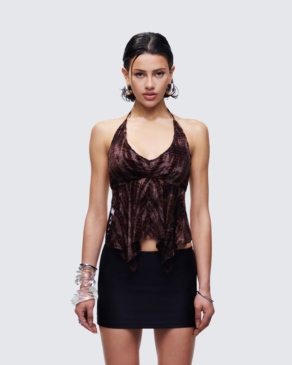 Finesse Kerensa Brown Mesh Halter Top