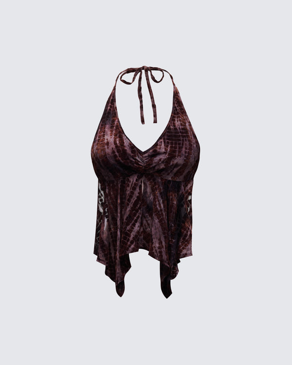 finesse Kerensa Brown Mesh Halter Top