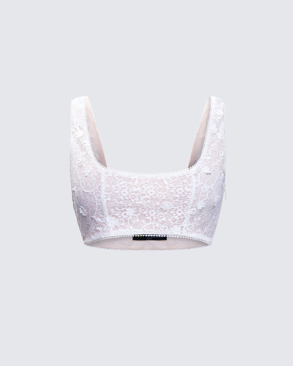 finesse Keturah White Embroidered Lace Bra Top