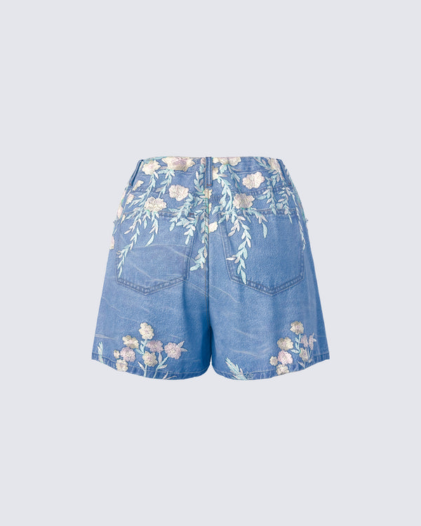 Finesse Kian Blue Denim Lace Overlay Shorts