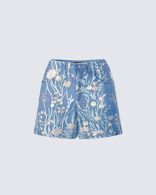 finesse Kian Blue Denim Lace Overlay Shorts