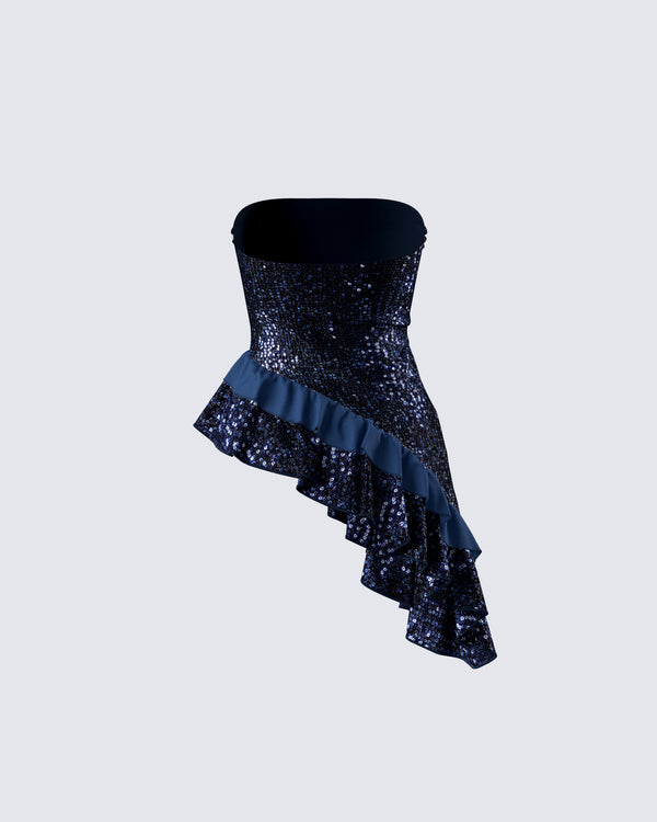 Finesse Kienna Navy Sequin Asymmetrical Top