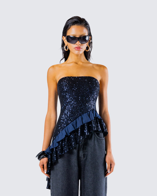 Finesse Kienna Navy Sequin Asymmetrical Top