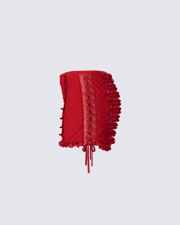Finesse Kimona Red Ruffle Micro Mini Skirt