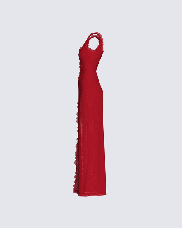 Finesse Kimoni Red Ruffle Corset Maxi Dress