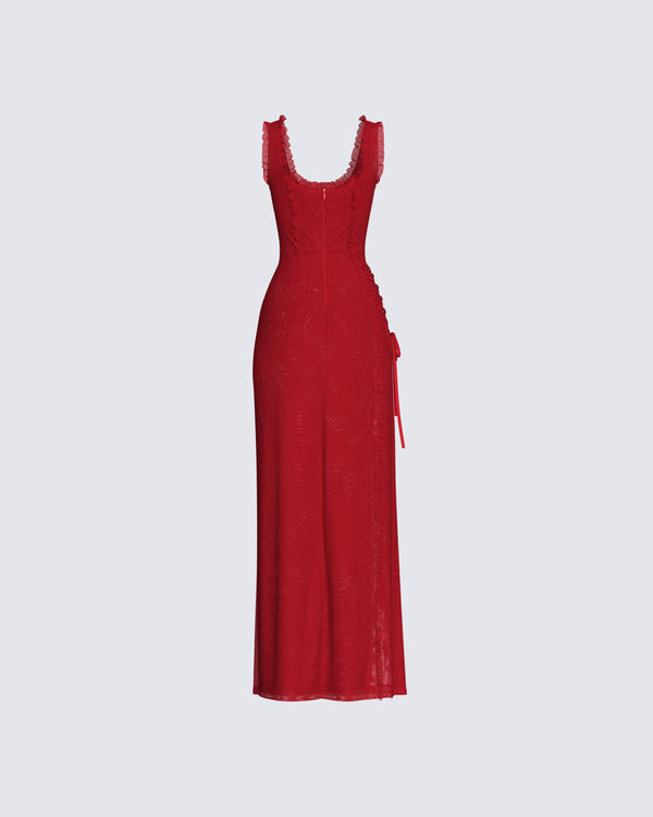 Finesse Kimoni Red Ruffle Corset Maxi Dress