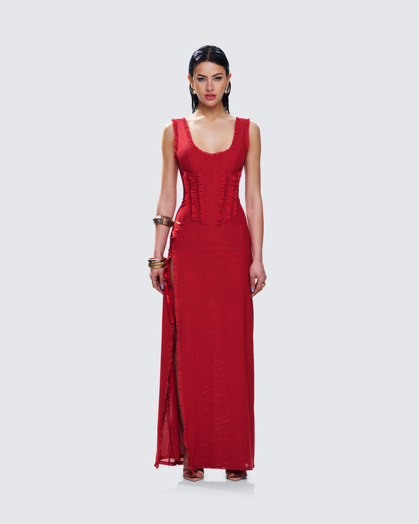 Finesse Kimoni Red Ruffle Corset Maxi Dress