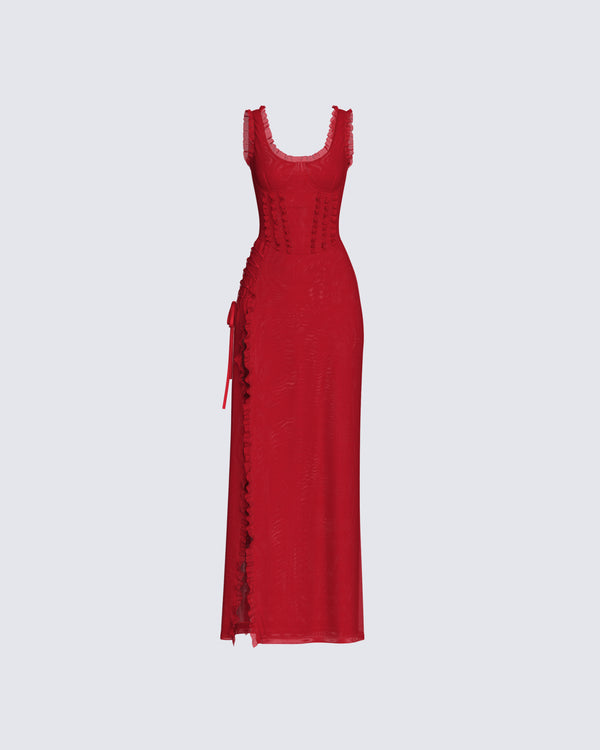 finesse Kimoni Red Ruffle Corset Maxi Dress