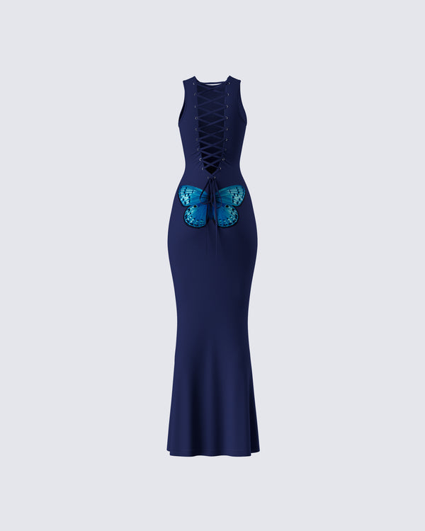 Finesse Kinny Navy Butterfly Print Maxi Dress