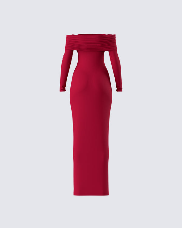 Finesse Kyan Burgundy Off Shoulder Maxi Dress