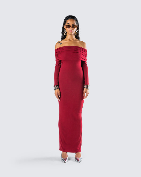 Finesse Kyan Burgundy Off Shoulder Maxi Dress