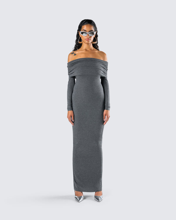 Finesse Kyan Charcoal Off Shoulder Maxi Dress