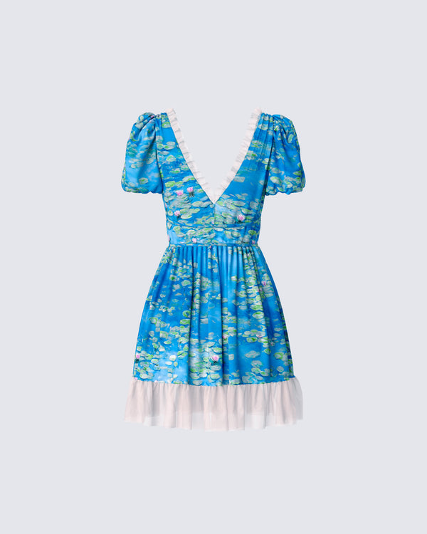 Finesse Lacey Blue Water Lilies Print Mini Dress