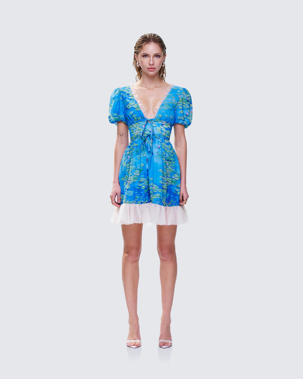Finesse Lacey Blue Water Lilies Print Mini Dress