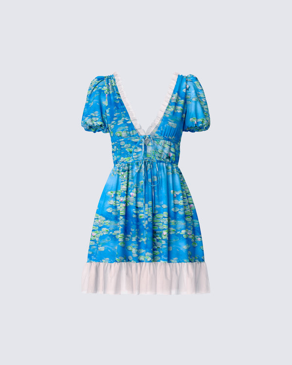 finesse Lacey Blue Water Lilies Print Mini Dress