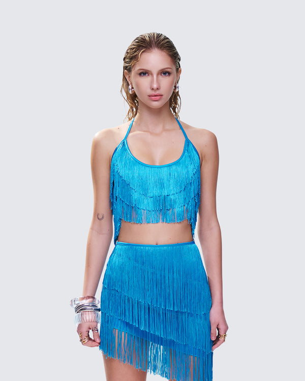 Finesse Laleh Teal Fringe Top