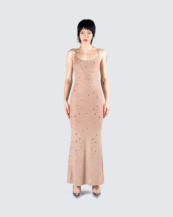 Finesse Lan Nude Rhinestone Maxi Dress