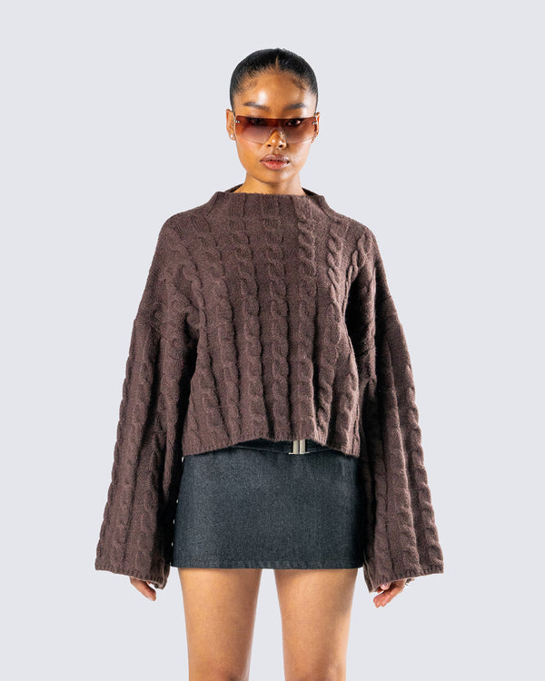 Finesse Larissa Brown Cable Knit Sweater