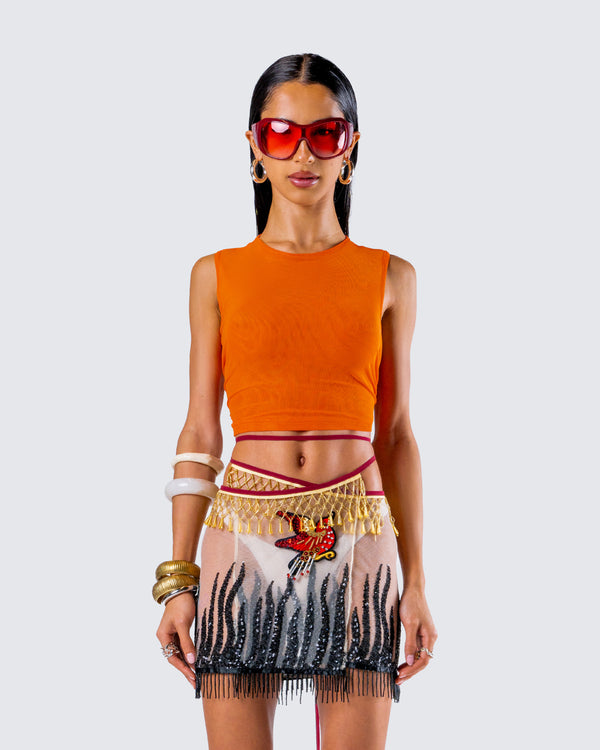 Finesse Leona Orange Mesh Asymmetrical Top