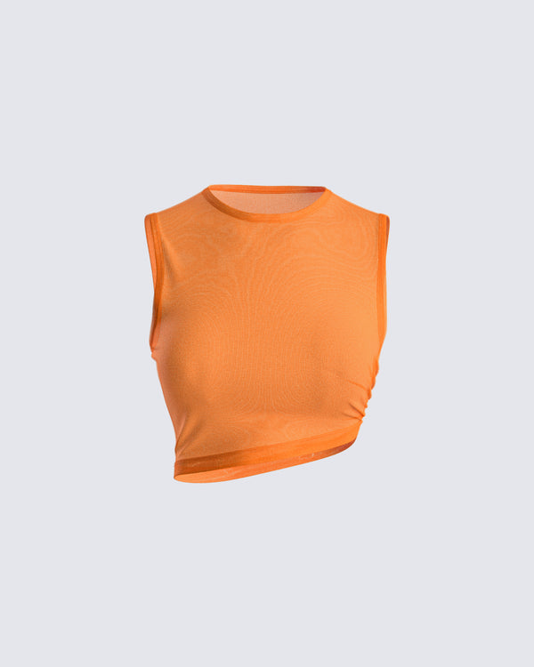 finesse Leona Orange Mesh Asymmetrical Top