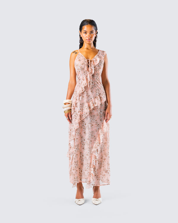 Finesse Leonie Peach Floral Maxi Dress