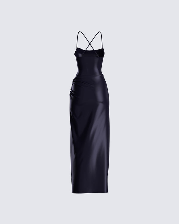 Finesse Lerata Black Satin Maxi Dress
