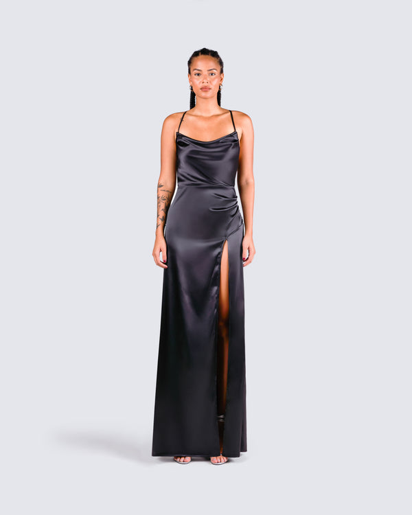 Finesse Lerata Black Satin Maxi Dress