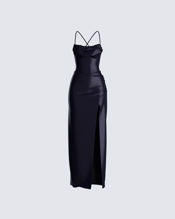 finesse Lerata Black Satin Maxi Dress