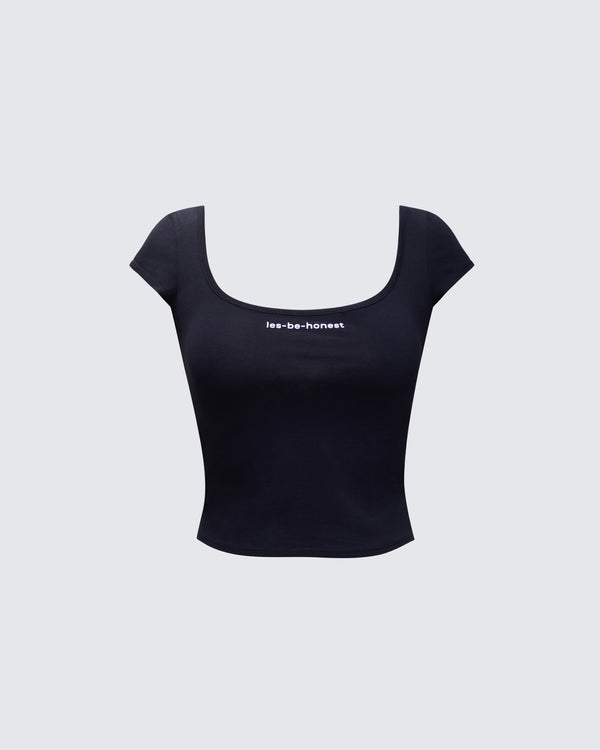 finesse Levi Black Slogan Scoop Neck Tee