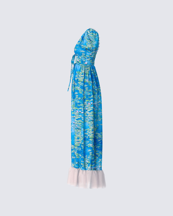 Finesse Loire Blue Water Lilies Print Maxi Dress
