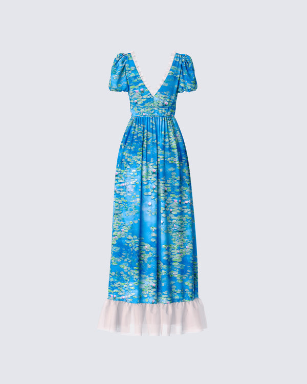Finesse Loire Blue Water Lilies Print Maxi Dress