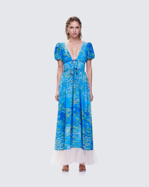 Finesse Loire Blue Water Lilies Print Maxi Dress