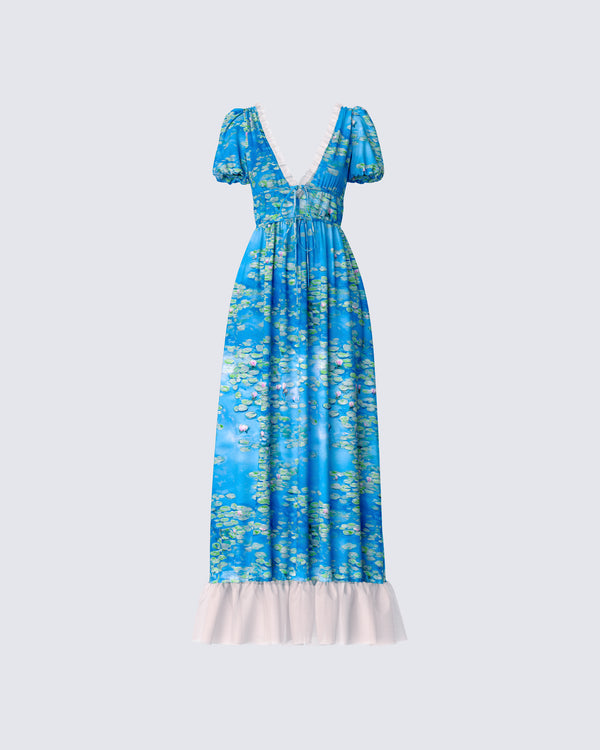finesse Loire Blue Water Lilies Print Maxi Dress