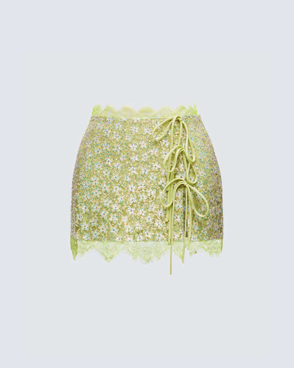 finesse Lucille Green Sequin Tie Mini Skirt