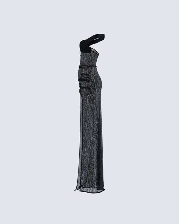 Finesse Ludovica Black Lace Bardot Maxi Dress