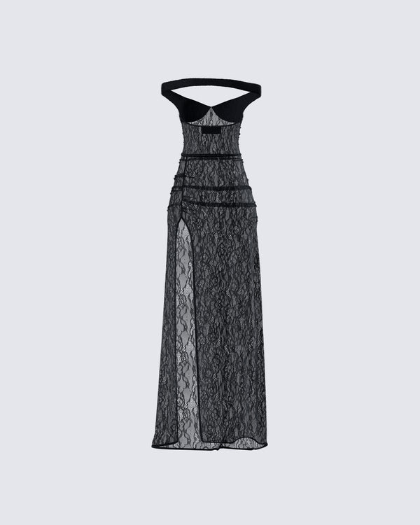 Finesse Ludovica Black Lace Bardot Maxi Dress