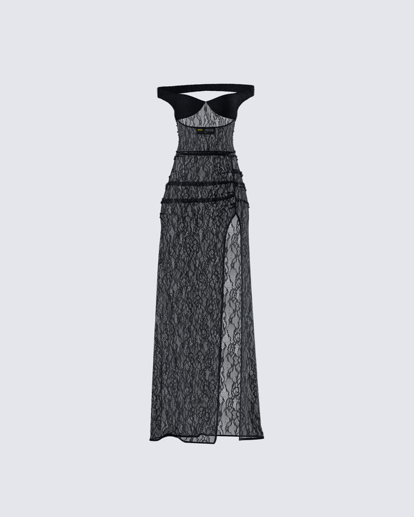 finesse Ludovica Black Lace Bardot Maxi Dress