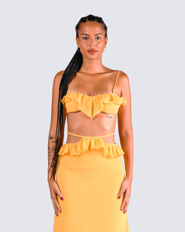 Finesse Lyra Yellow Ruffle Cropped Top
