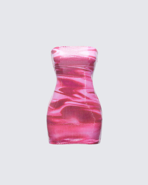 finesse Magali Pink Printed Sequin Strapless Dress