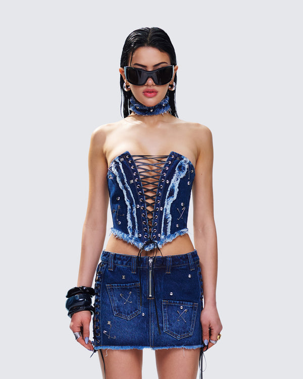 Finesse Maja Blue Denim Lace Up Corset Top