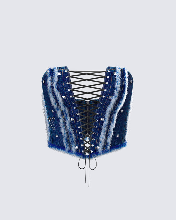 finesse Maja Blue Denim Lace Up Corset Top