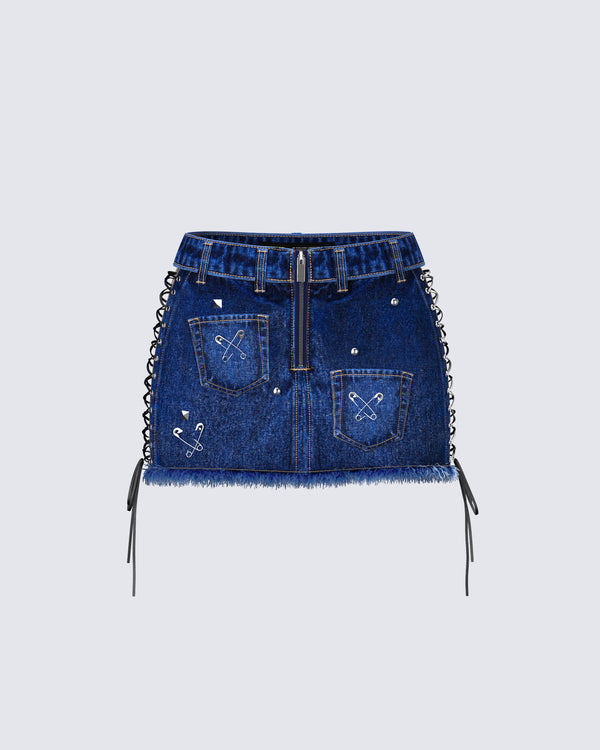 finesse Maja Blue Denim Lace Up Micro Mini Skirt