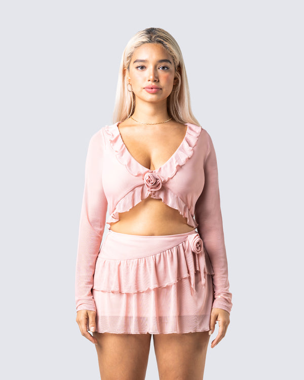 Finesse Marie Pink Mesh Long Sleeve Top
