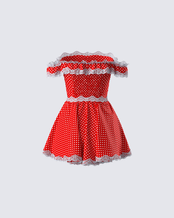 Finesse Masami Red Polka Dot Off Shoulder Dress