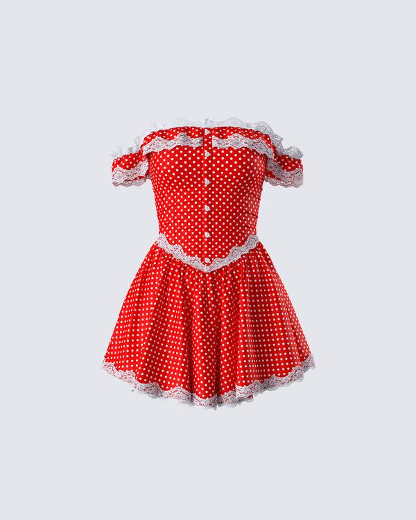finesse Masami Red Polka Dot Off Shoulder Dress