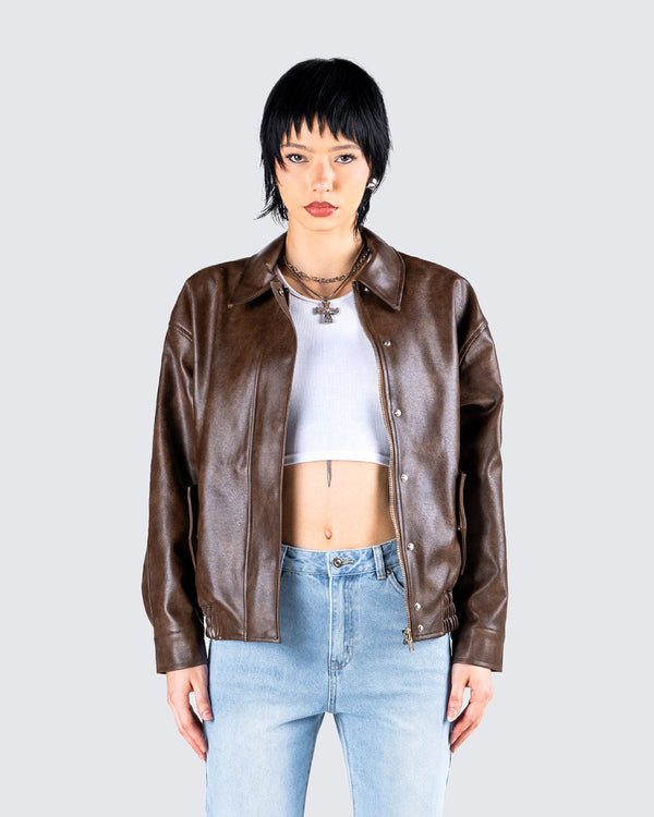 Finesse Maven Brown Vegan Leather Jacket