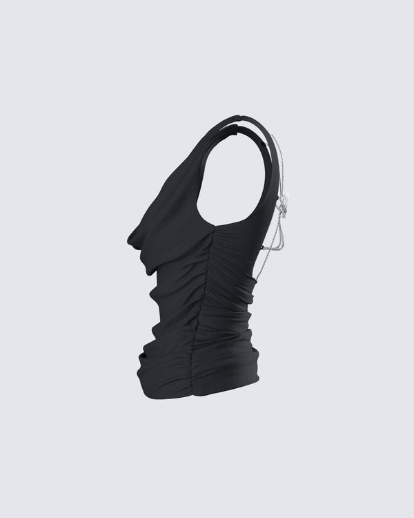 Finesse Mavi Black Chain Trim Cowl Top