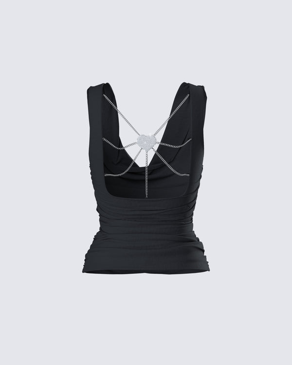 Finesse Mavi Black Chain Trim Cowl Top